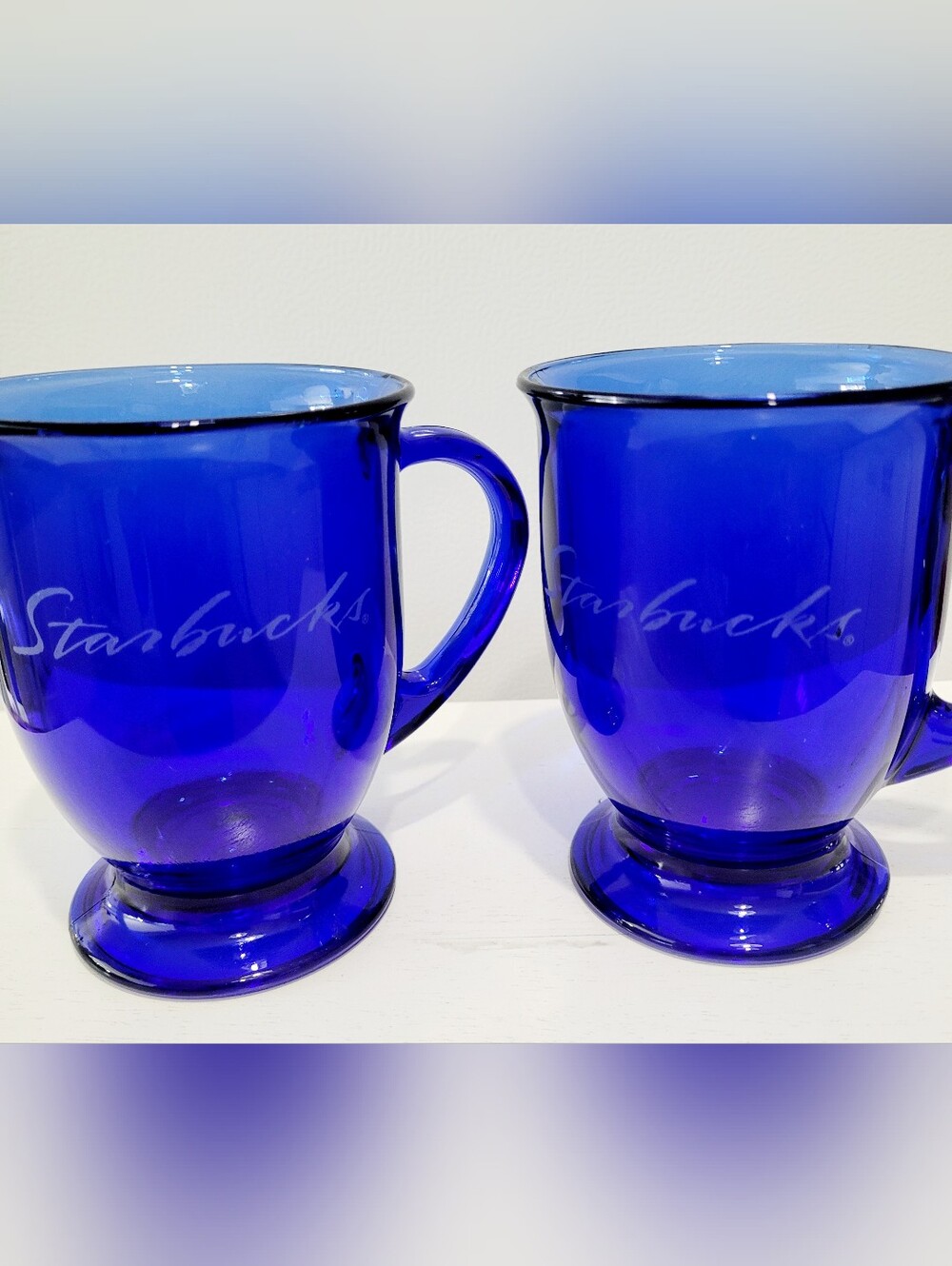 Starbucks Cobalt Blue Glass Pedestal Mugs Anchor Hocking USA Set of 2